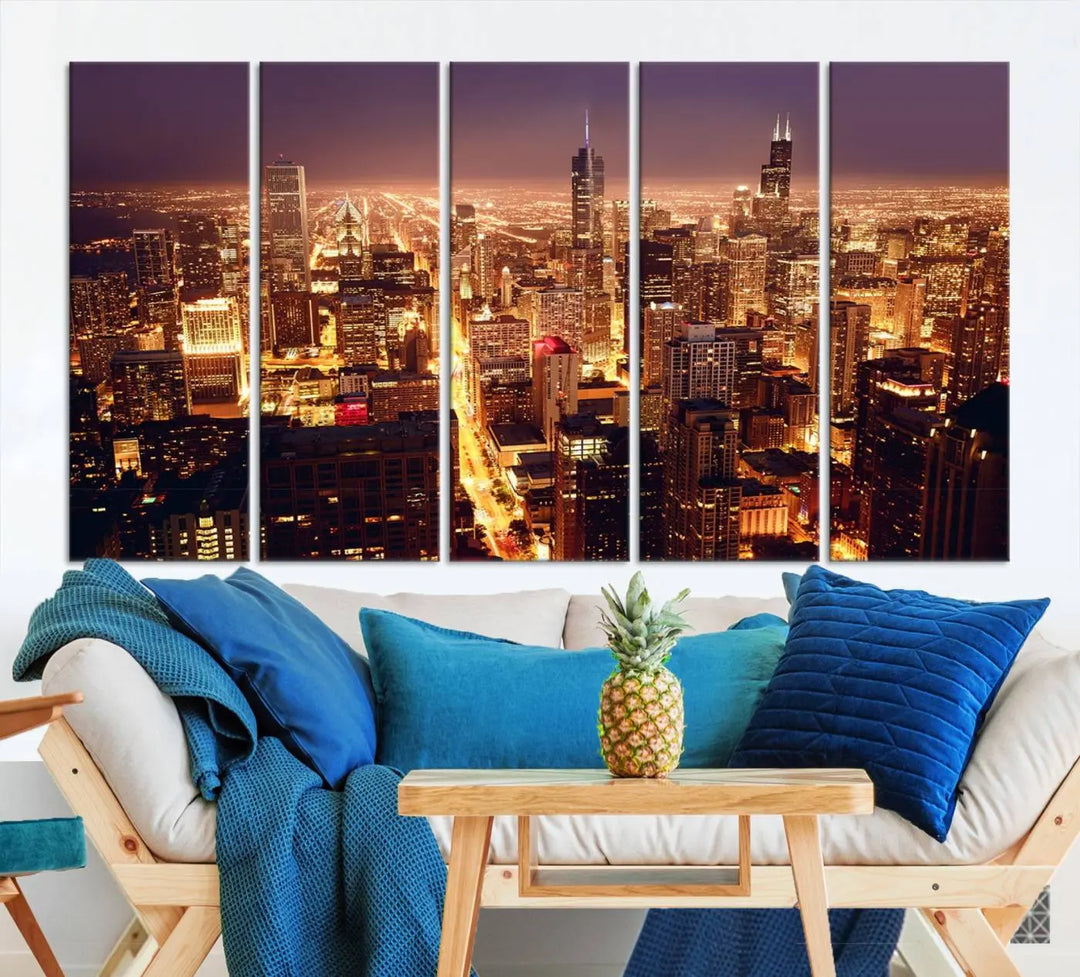 A large artwork showcasing the Chicago Night Skyline cityscape is elegantly displayed on a gallery-wrapped, museum-quality canvas.