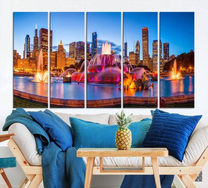 Chicago City Colorful Lights Night Skyline Cityscape View Wall Art Canvas Print