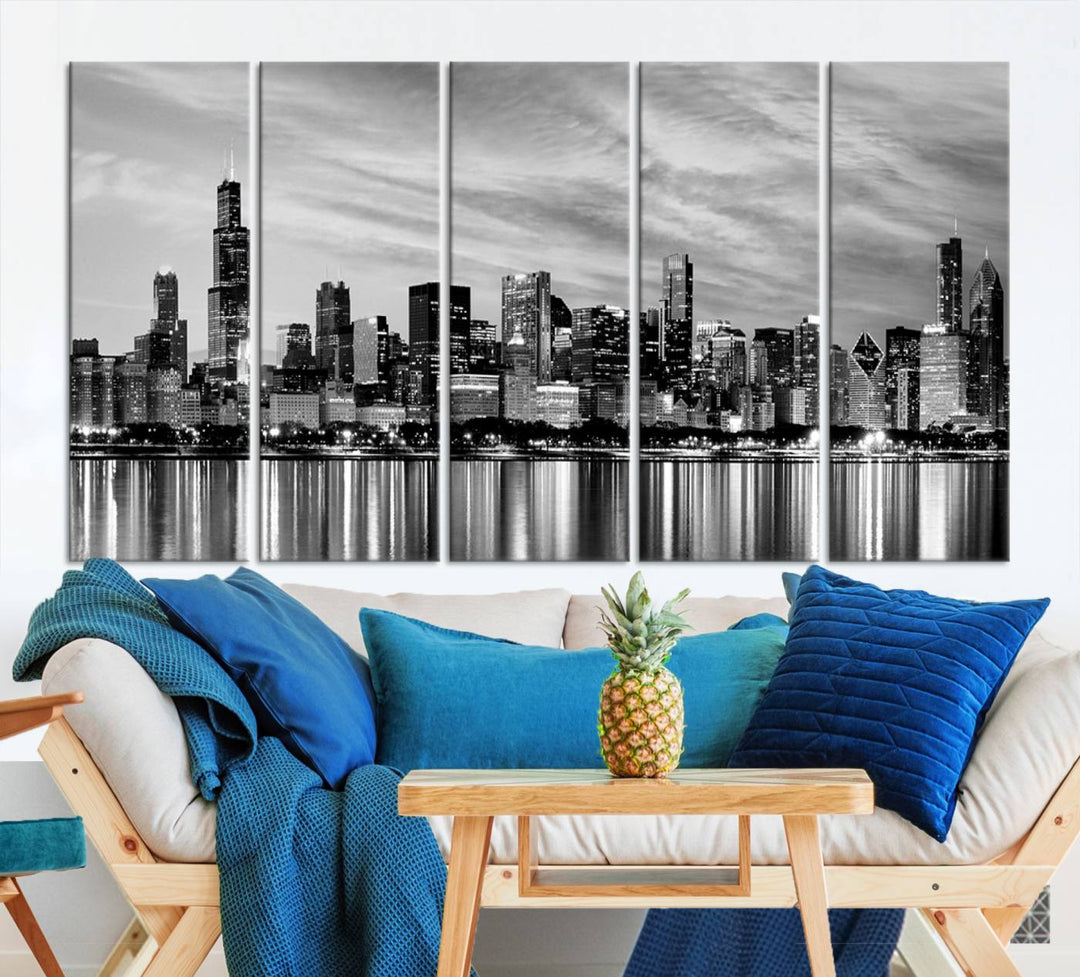 Chicago City Cloudy Skyline Black and White Wall Art Cityscape Canvas Print