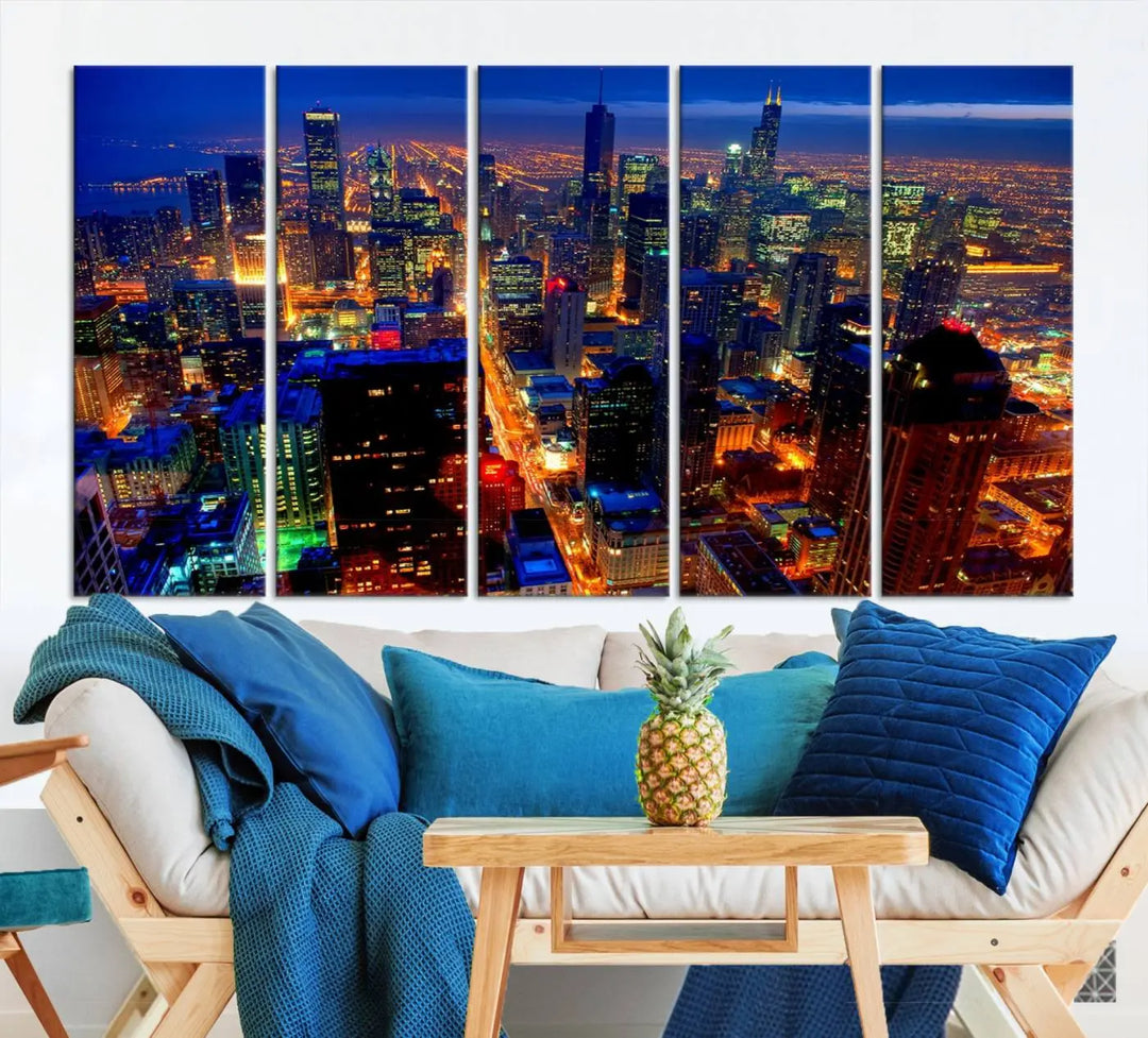 The "Chicago Night Skyline Wall Art" on museum-quality canvas adds long-lasting appeal to the living room.