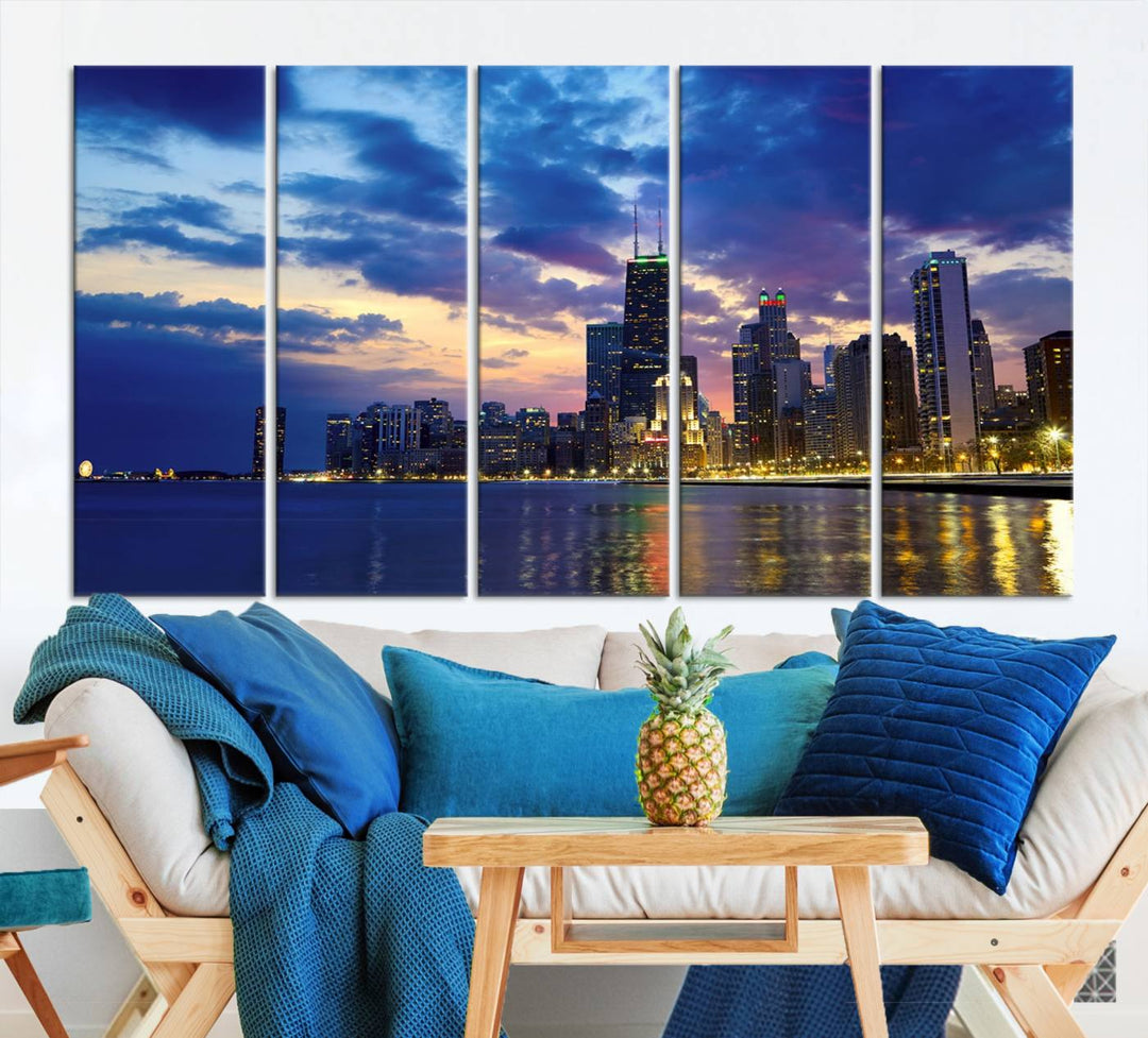 Chicago City Lights Nuit Nuageux Bleu Skyline Cityscape View Wall Art Impression sur toile