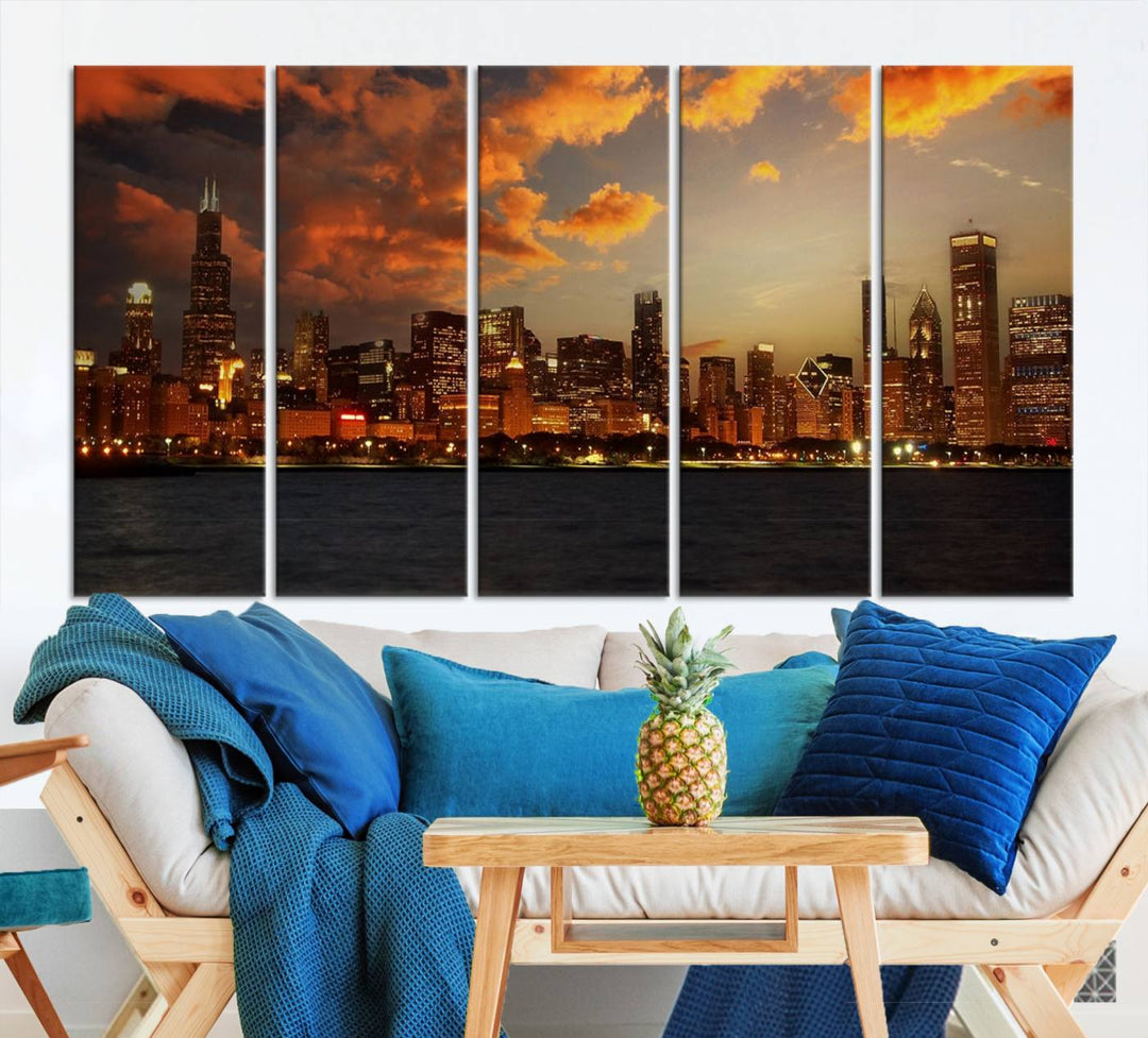 Chicago City Lights Coucher de soleil Orange Nuageux Skyline Paysage urbain Vue Art mural Impression sur toile