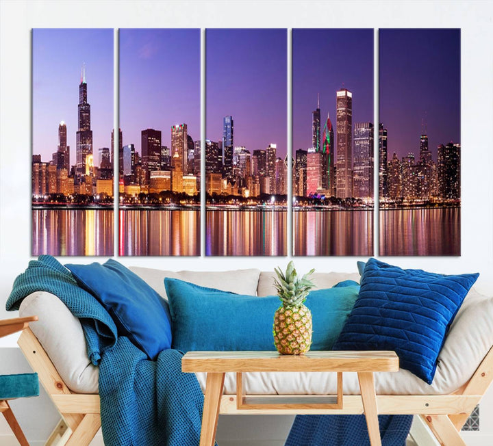 Chicago City Lights Night Purple Skyline Cityscape View Wall Art Canvas Print