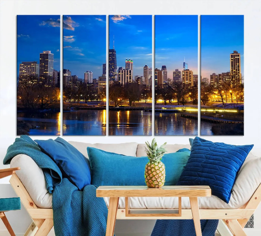 A triptych photo titled "Chicago City Lights Night Blue Skyline Cityscape View Wall Art Canvas Print" is elegantly displayed on gallery-wrapped, museum-quality canvases.