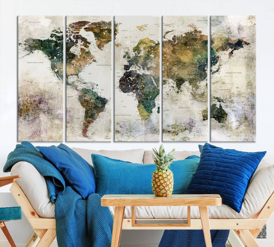 Carte du monde, impression d'art mural, carte sur toile, ensemble mural de 3 panneaux, cadeau, carte de voyage