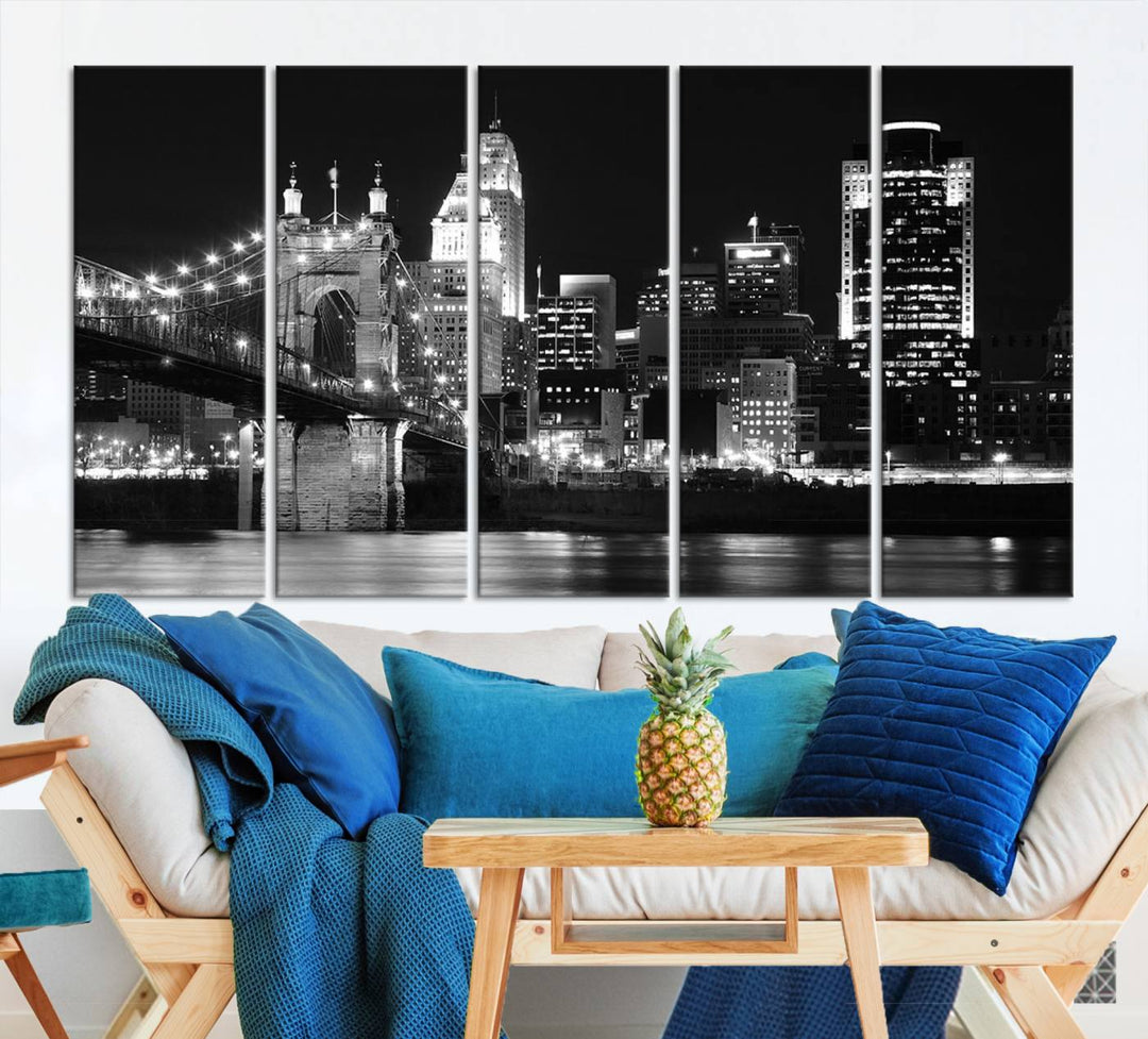 The Cincinnati City Skyline Black and White Wall Art Cityscape Canvas Print is prominently displayed.