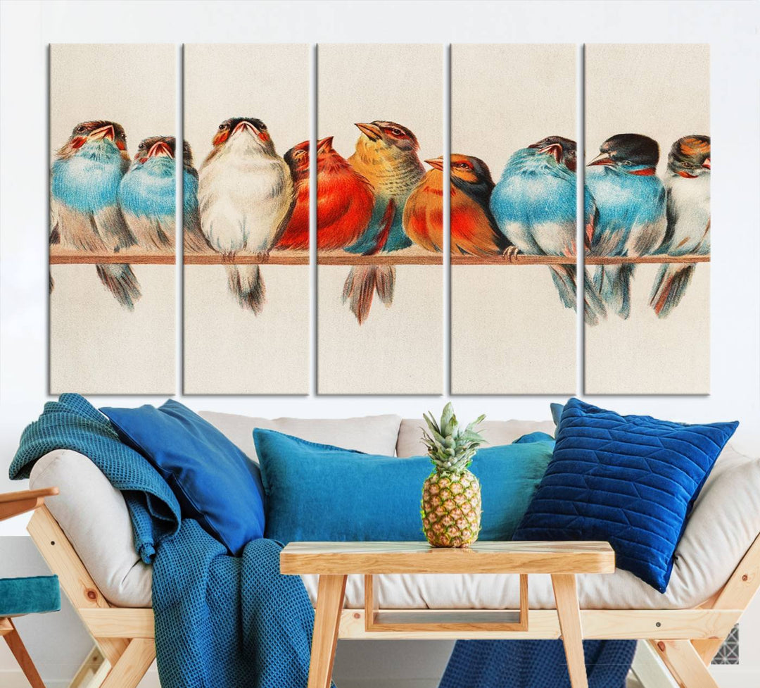 The Abstract Birds Wall Art Canvas Print, featuring a triptych of colorful birds perched on a branch, is printed on museum-quality canvas and equipped with a UV-protective coating and ready-to-hang design. This artwork adds vibrant elegance to your living space.