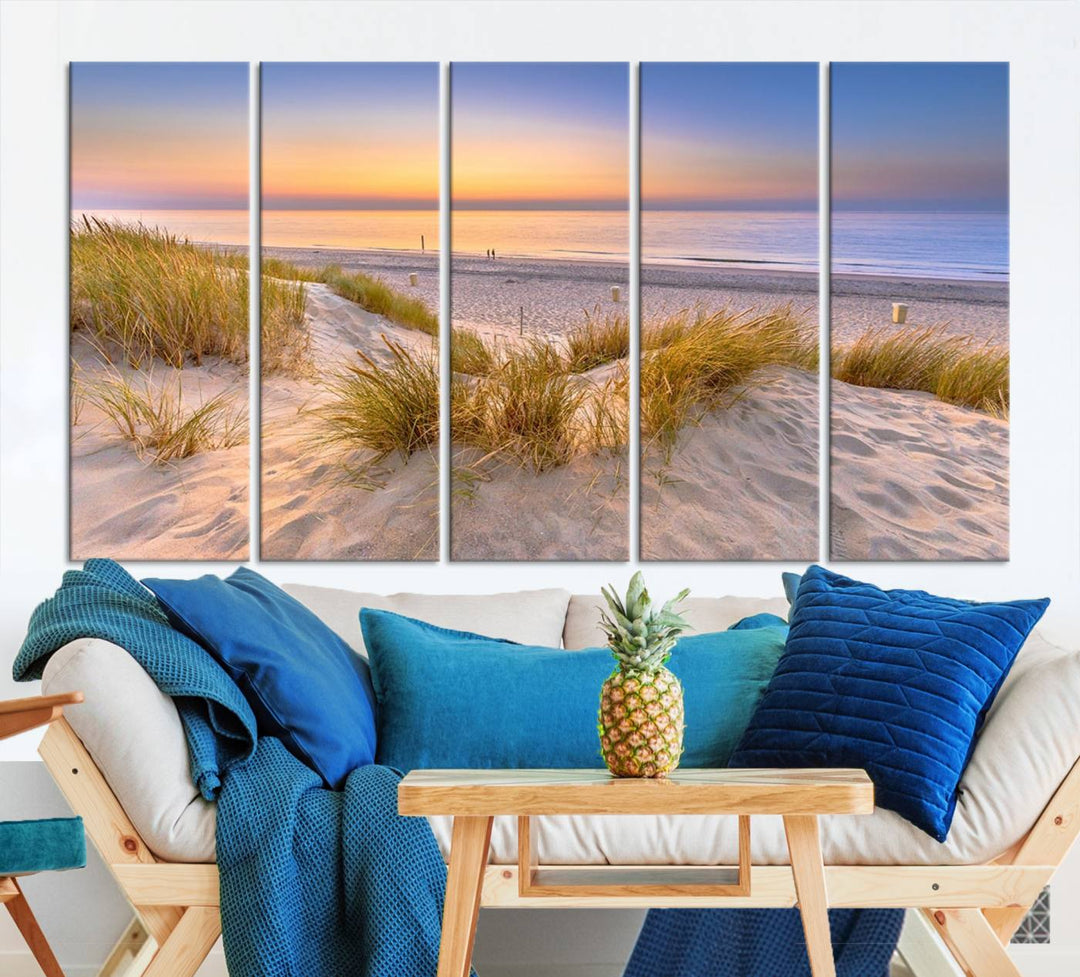 The "Sunset Silence on the Beach" wall art canvas print features a serene beach scene at sunset on museum-quality canvas with a UV-protective coating.