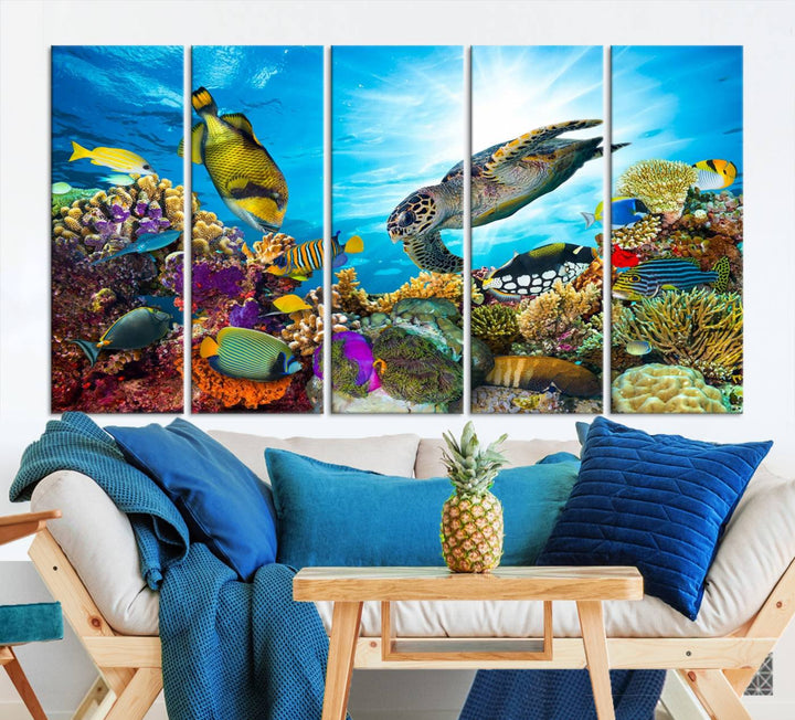 The Aquatic Life Sea Turtles Fish Wall Art Canvas Print is a triptych of vibrant underwater scenes featuring a sea turtle, various fish, and colorful coral. Crafted on museum-quality canvas, this handcrafted masterpiece brings the ocean to life in any space.