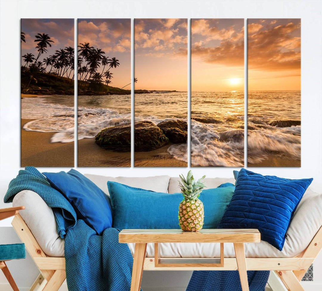 The "Tropical Island Sunset Sunrise Wall Art Canvas Print" is a stunning triptych that showcases a tranquil beach sunset complete with waves and palm trees. Each canvas piece is meticulously hand-assembled and framed using museum-quality polycotton with a UV-protective coating to ensure enduring beauty.