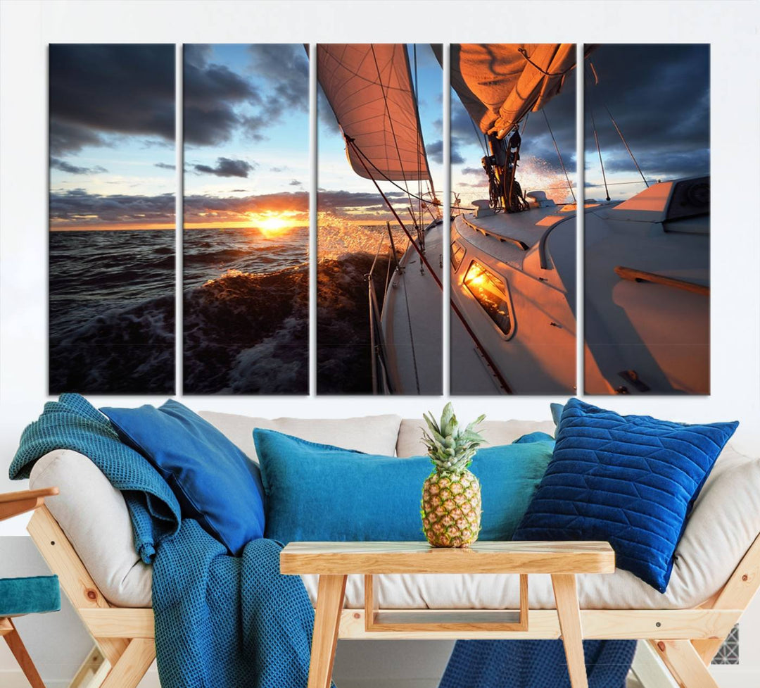 The modern living room is adorned with the Ocean Sunset Sailboat Wall Art, a triptych crafted on museum-quality canvas featuring UV-protective coating for lasting vibrancy.