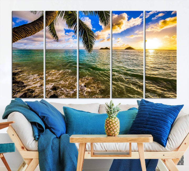 The Sunset Lake View Wall Art Canvas Print, gallery wrapped on a museum-quality canvas, enhances the vibrant living room decor with its UV-protective coating.