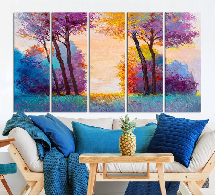 Oil Paint Effect Trees Wall Art Canvas Print features a UV-protective coating for lasting vibrancy.