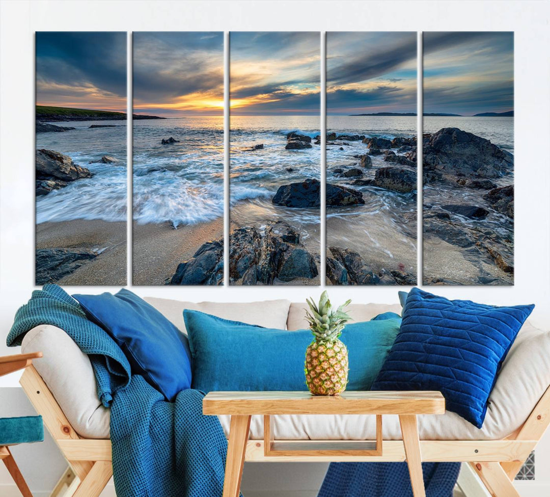 The "Beautiful Stormy Sunset at Bagh Steinigidh Beach Stones" triptych ocean-themed wall art is displayed on museum-quality canvas and features a UV-protective coating.