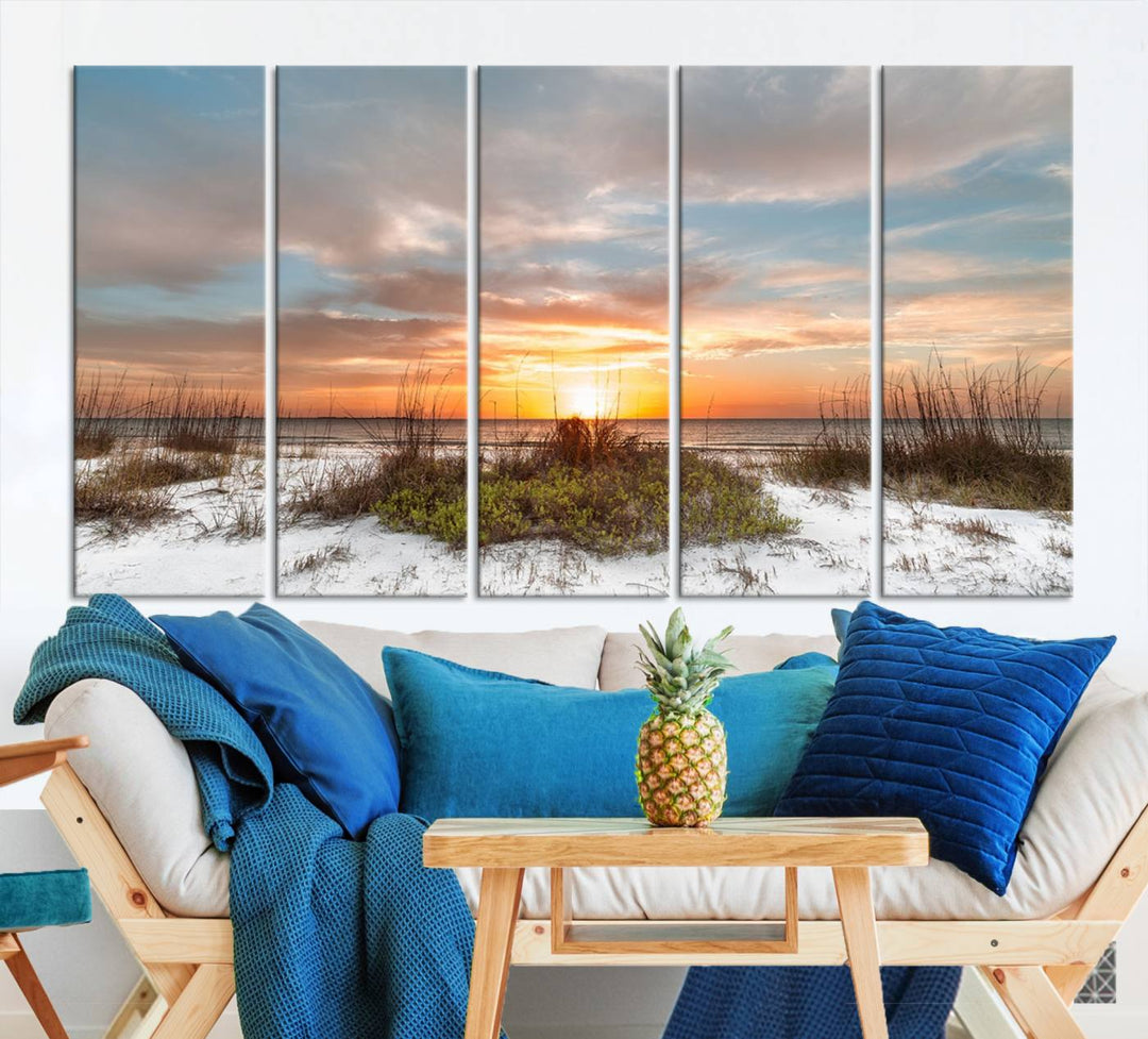 The Beach Ocean Sunset Sand Wall Art Canvas Print is expertly crafted on museum-quality canvases with a UV-protective coating.