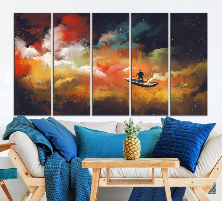 The "Surreal Space Adventure Canvas Wall Art" is a dreamlike abstract galaxy print with an astronaut among clouds, inviting you on a space adventure. This stunning piece comes framed and ready to hang, making it perfect for enhancing living room or bedroom decor.