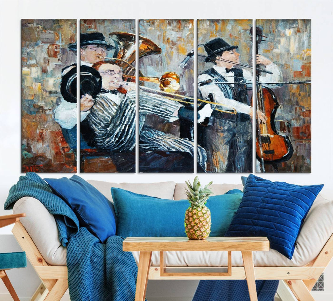 The Good Old Days Musicians Wall Art Canvas Print graces the wall, merging art with elegance. This museum-quality canvas comes with a UV-protective coating and is ready to hang.