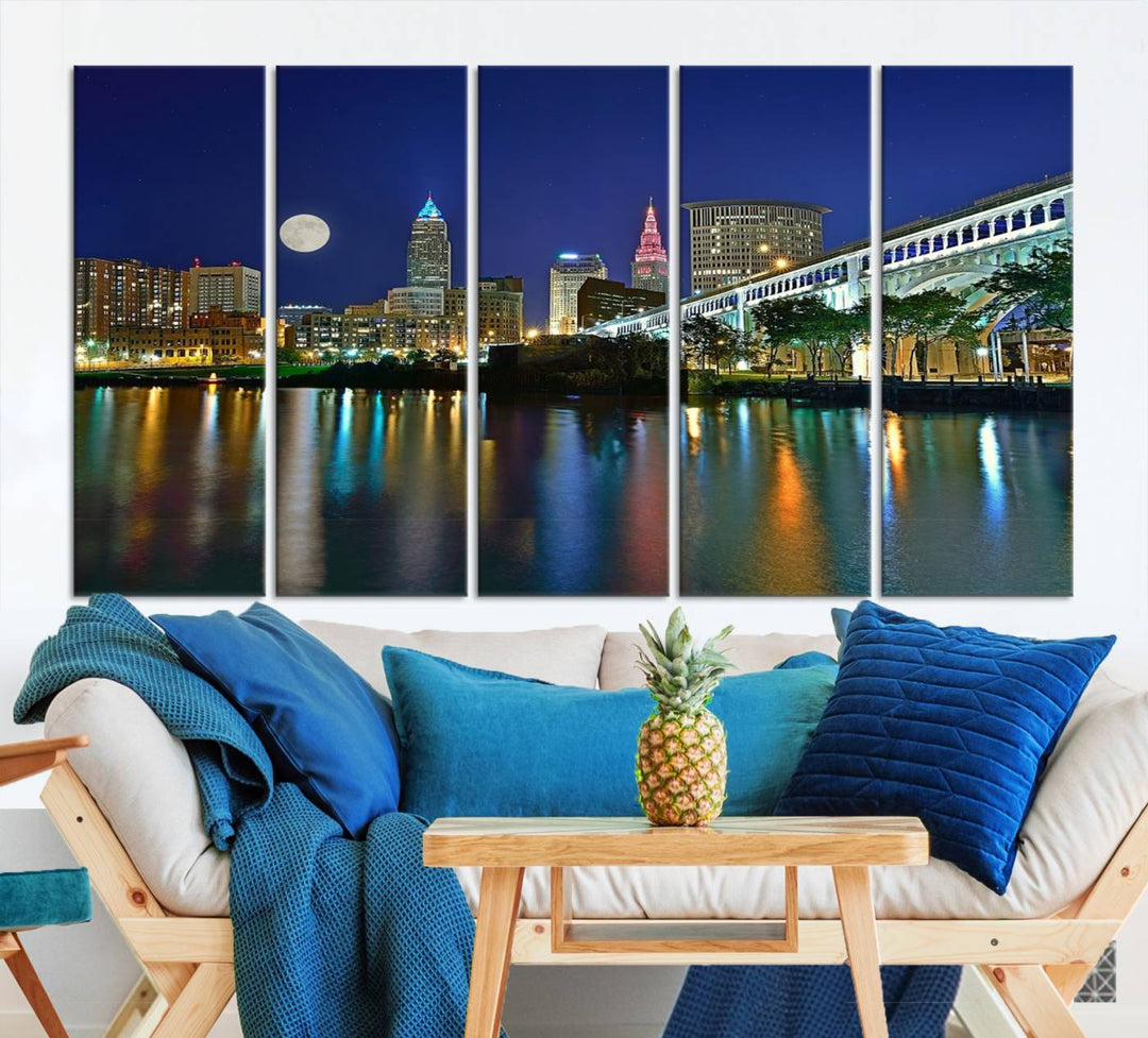 Cleveland City Lights Night Skyline, a stunning triptych wall art cityscape canvas print with museum-quality UV-protective coating, is beautifully showcased.