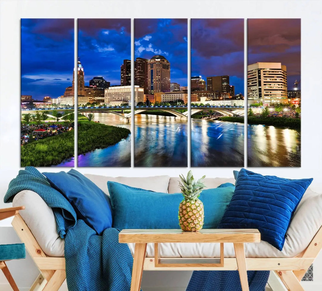 Columbus City Lights Night Bright Blue Cloudy Skyline Cityscape View Wall Art Canvas Print, gallery wrapped on museum-quality canvas, reflecting on a river.