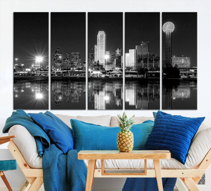 The living room showcases the Dallas City Lights Skyline Black and White Wall Art Cityscape Canvas Print. This museum-quality artwork is ready to hang and features a UV-protective coating to maintain its vibrant colors.