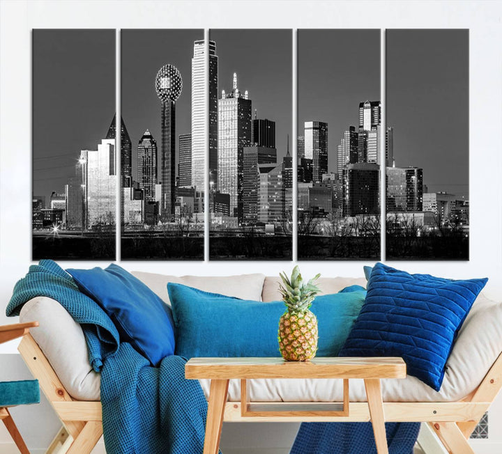 The Dallas City Skyline Black and White Wall Art Cityscape Canvas Print features a gallery-wrapped, museum-quality finish.