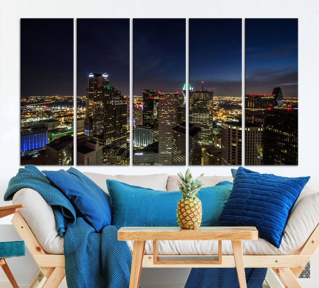 A living room showcasing a Dallas City Lights Night Skyline Cityscape View Wall Art Canvas Print, a three-panel artwork on museum-quality canvas with vibrant colors and durability.