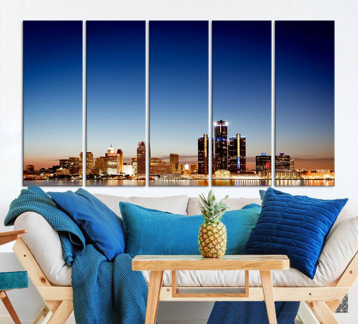 The Detroit City Lights Sunrise Skyline Cityscape View Wall Art Canvas Print adorns the modern living room. Crafted on museum-quality canvas with a UV-protective coating, this piece is ready to hang and elegantly elevates your décor.