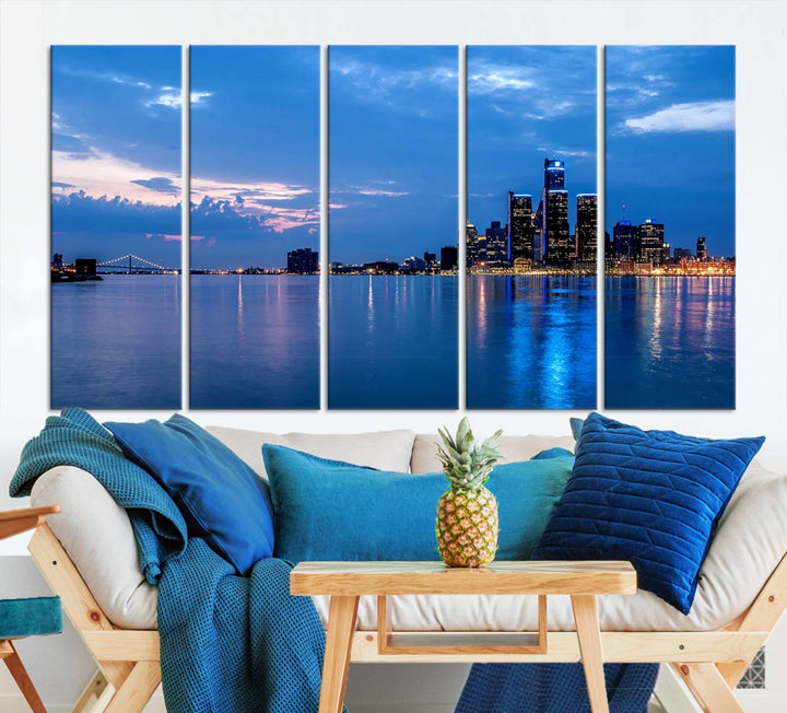 The "Detroit City Lights Night Blue Cloudy Skyline Cityscape View" wall art, displayed on museum-quality canvases, is split into three gallery-wrapped panels.