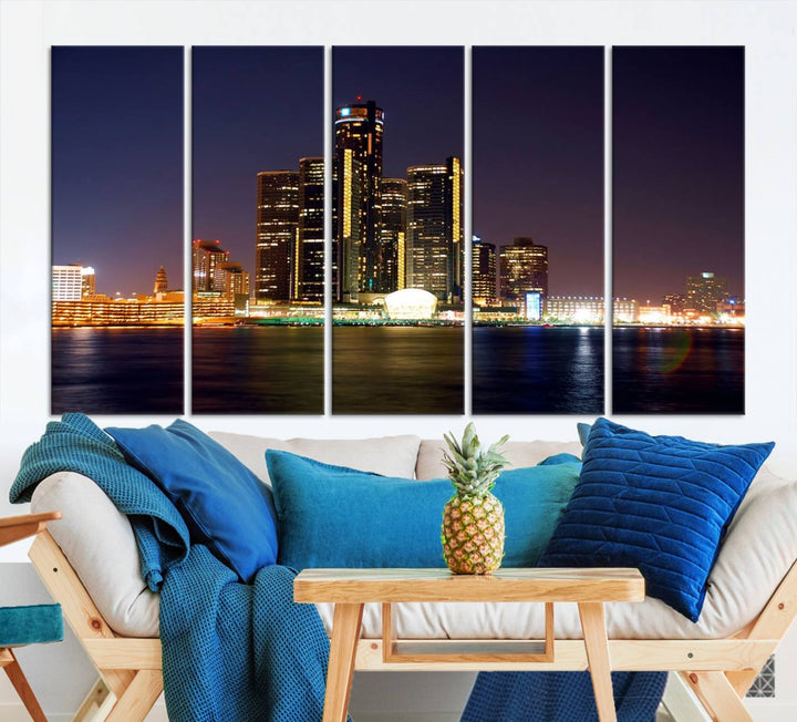 The Detroit City Lights Night Skyline Cityscape View Wall Art Canvas Print, elegantly split into three panels, is made from museum-quality pollycotton and gallery wrapped for a sophisticated touch. It is available with free shipping to effortlessly elevate your space.