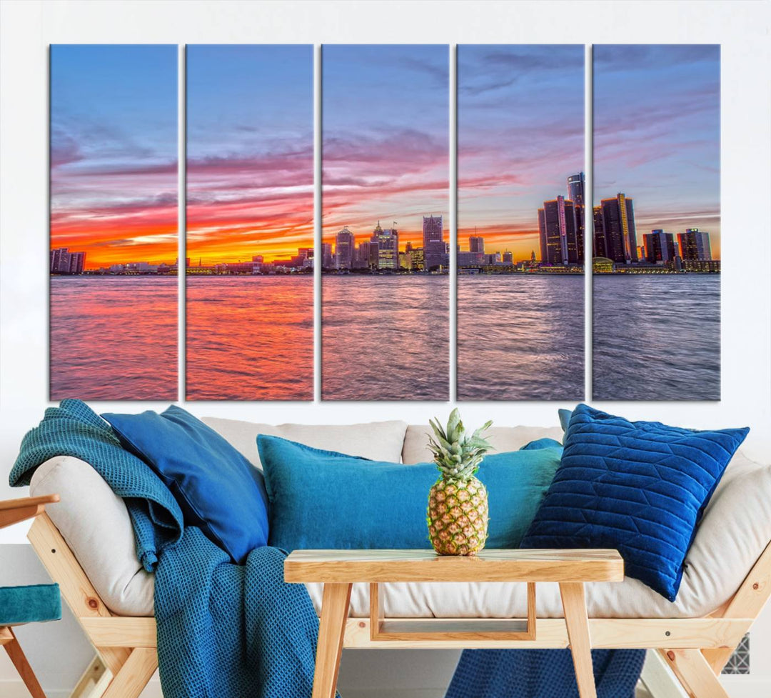 The Detroit City Lights Sunset Colorful Cloudy Skyline Cityscape View Wall Art Canvas Print showcases a vibrant city skyline at sunset over water. The artwork is museum-quality, comes ready to hang, and features a UV-protective coating to preserve its vivid colors.