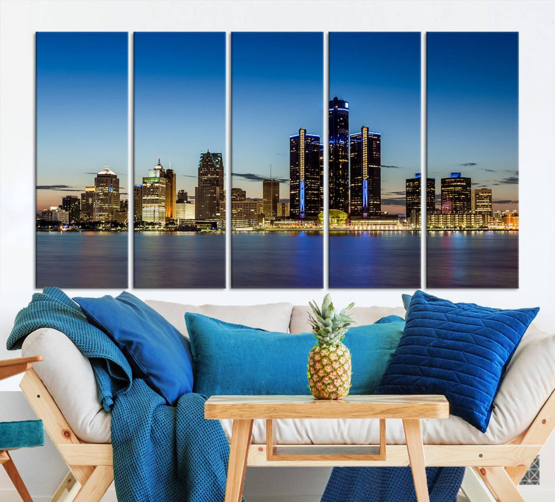 The "Detroit City Lights Sunrise Skyline Cityscape View Wall Art Canvas Print" on the wall is a triptych gallery-wrapped on museum-quality canvas, adding an elegant touch to the space.