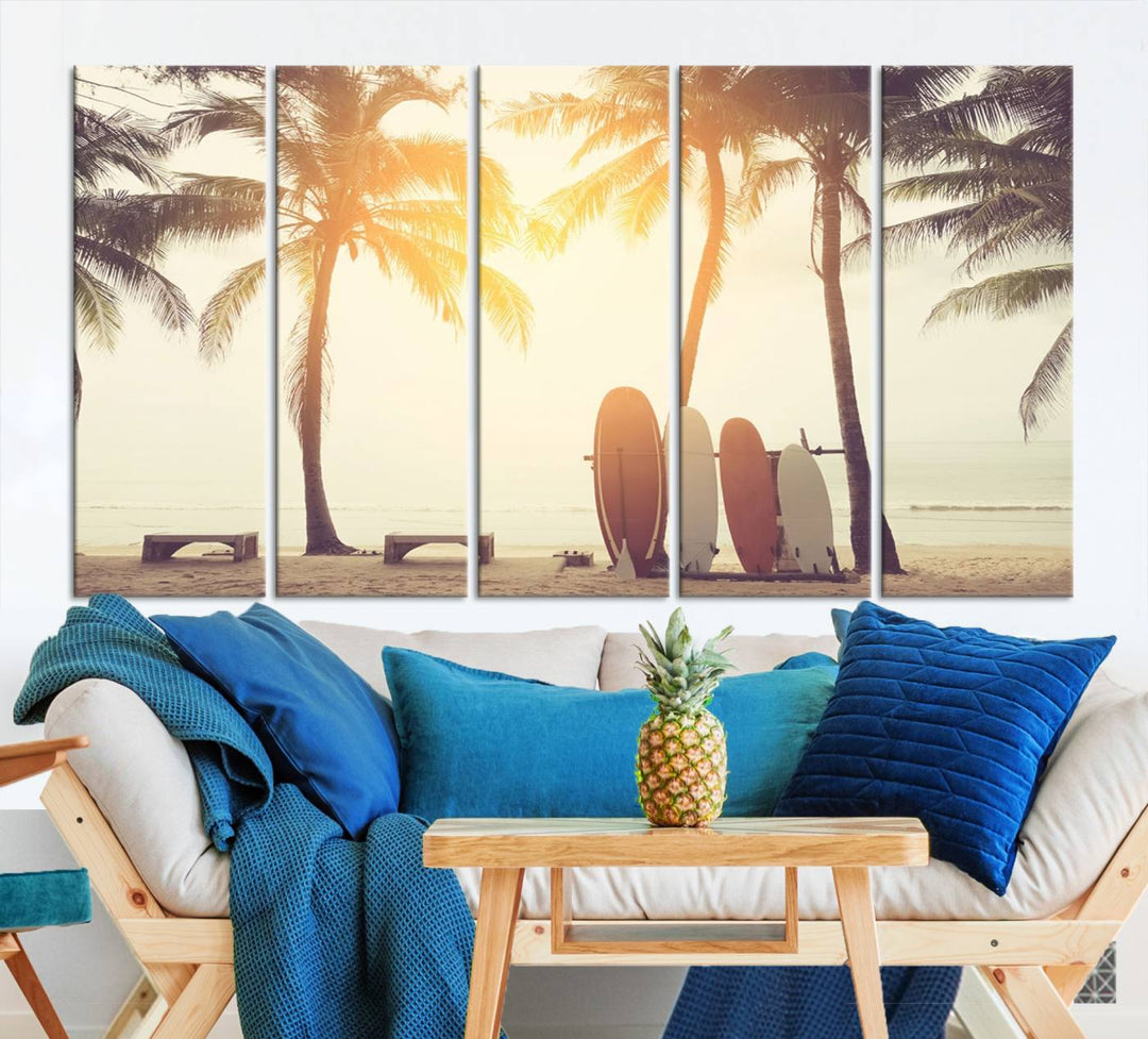 Surfboard and Palm Tree on Beach Double Exposure with Colorful Bokeh Sunset Light Wall Art Canvas