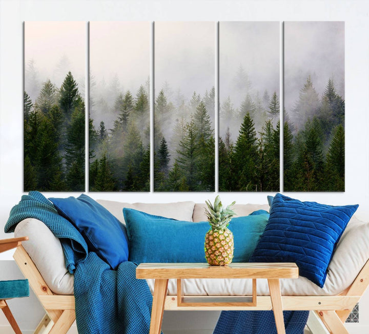 A 3-panel Misty Pine Forest Wall Art Canvas Print, featuring a green woodland scene, adorns the wall.