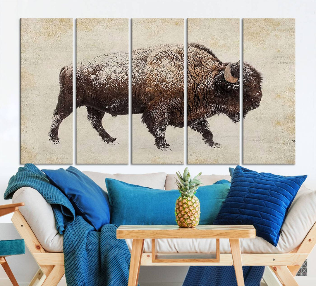 The "Buffalo Wall Art" canvas print, featuring a Western bison, hangs prominently, infusing the space with rustic cowboy and Western decor.