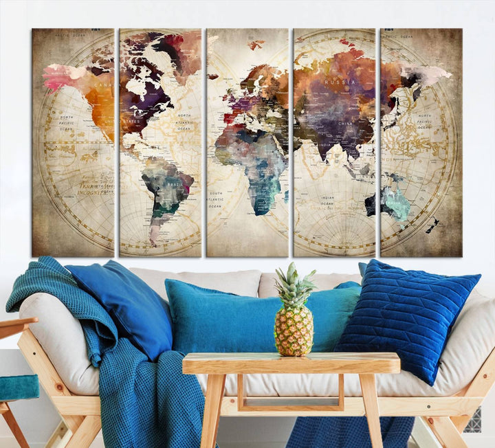 A World Map Wall Art Canvas Print featuring vibrant colors is crafted on museum-quality canvas, adding a touch of elegance to the room.