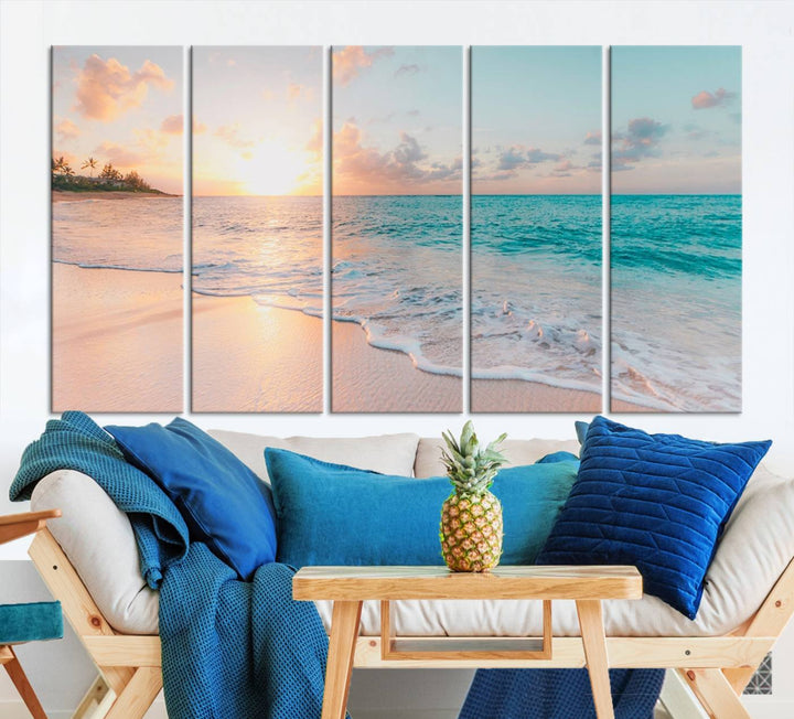 Beach Sunrise Wall Art, Coastal Seascape Canvas Print, Ocean Wave Multi-Panel Giclee, Coastal Sunset Beach Scene for Modern Decor