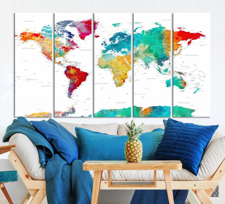 A stunning Colorful World Map Triptych Canvas Print, featuring a ready-to-hang framed design, adds vibrancy and modern flair to the space, effortlessly elevating the entire home décor.