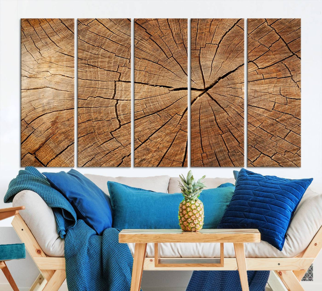 The stunning multi-panel wall art piece, the Tree Ring Canvas Art, features intricate rustic wood grain textures. This giclee triptych hangs elegantly on the wall.