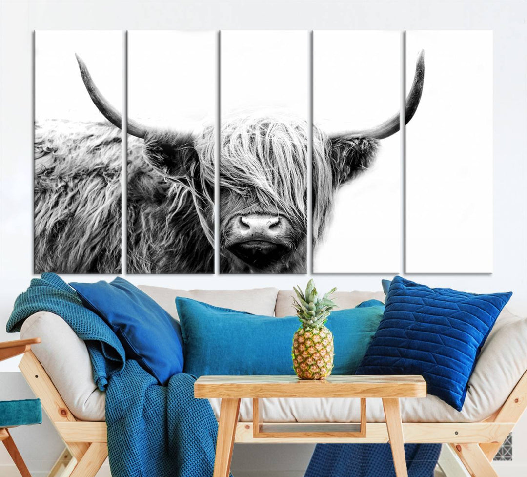 A museum-quality triptych titled "Black White Scottish Highland Cow Cattle Art Print Farmhouse Wall Art Canvas Print" embellishes the dark wall. The canvas is equipped with a UV-protective coating to ensure lasting vibrancy.