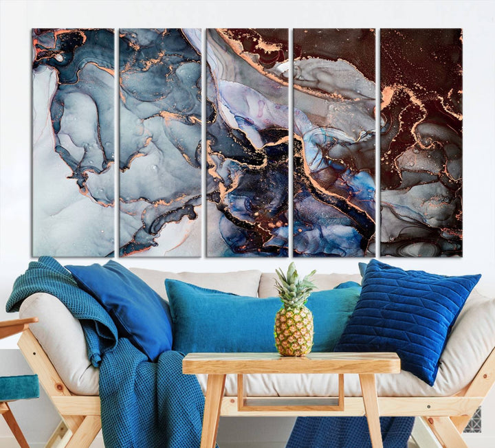 Brown Blue Abstract Marble Wall Art Canvas Print