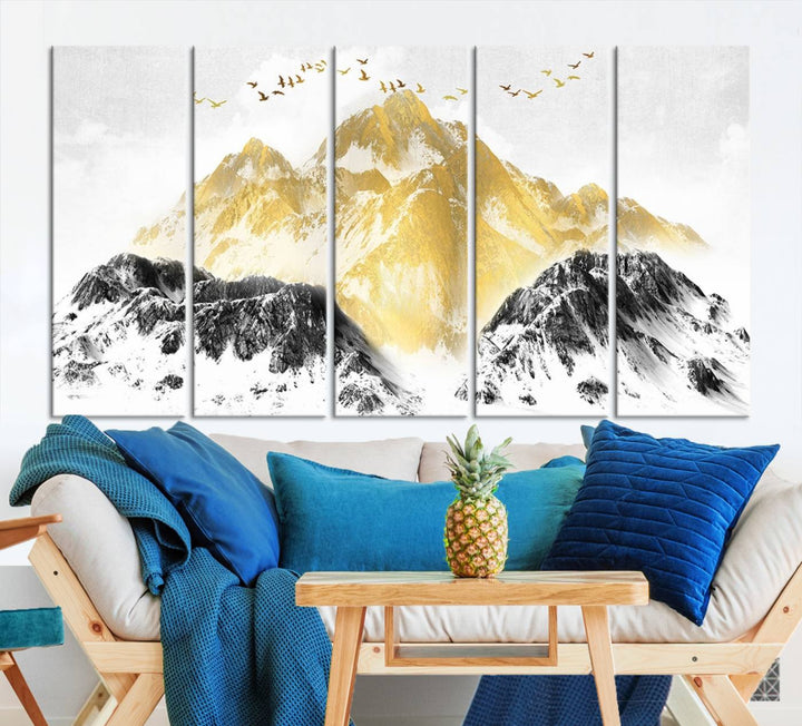 Golden Mountain Triptych Wall Art, Modern Giclee Canvas Print, Nature Landscape Decor for Living Room, Contemporary Gold and Black Wall Art