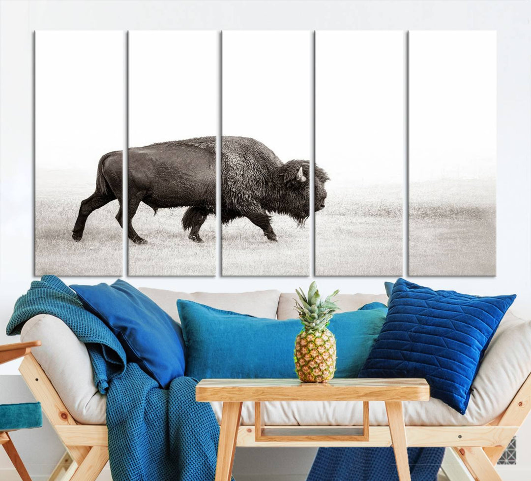 American Bison in Grasslands Triptych Canvas Wall Art – Western-Inspired Nature Decor for Home or Office