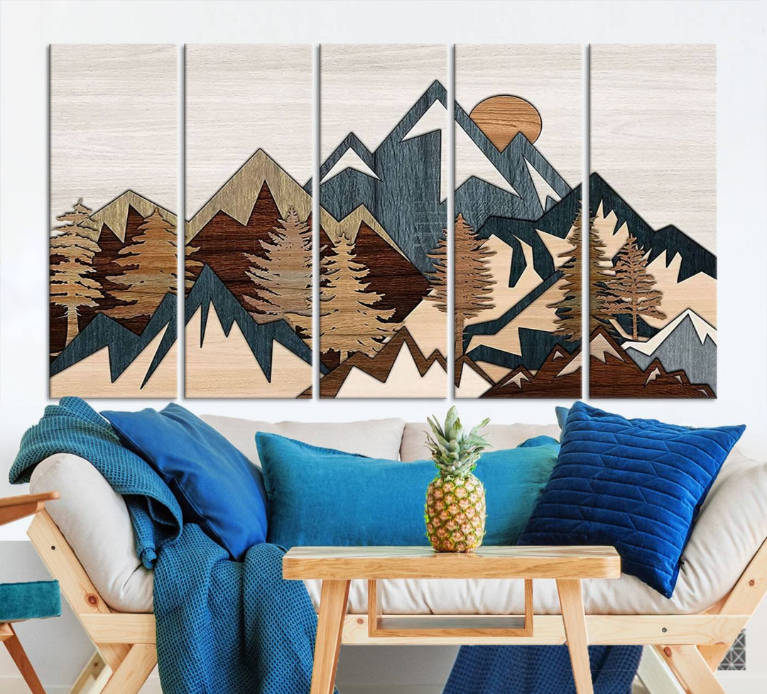 Woodland Mountain Landscape Triptych, Giclee Canvas Art for Modern Home, Rustic Wooden Nature Wall Art, Large Mountain and Tree Canvas for Living Room