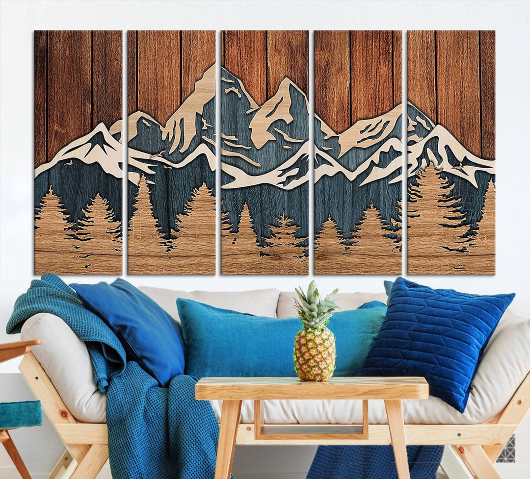 Rustic Wood Style Mountain Wall Art, Nature Forest Canvas Print, Wooden Textured Mountain Artwork, Handcrafted Landscape Decor for Farmhouse Decor