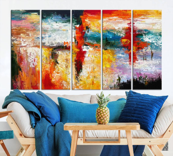 A Colorful Abstract Wall Art Canvas Print graces the wall, making this ready-to-hang masterpiece, complete with UV-protective coating, perfect for elevating any space with its vibrant allure.