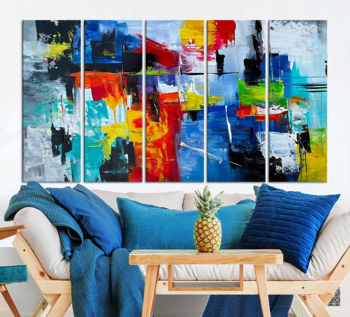 Three Colorful Abstract Wall Art Canvas Prints feature vibrant colors on museum-quality canvas and are finished with a UV-protective coating. Their ready-to-hang design allows for effortless transformation of your space.