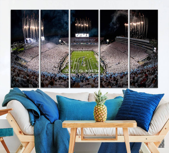 The Penn Stadium Football Wall Art Canvas Print showcases the lively ambiance of a bustling Pennsylvania University football stadium illuminated by fireworks.