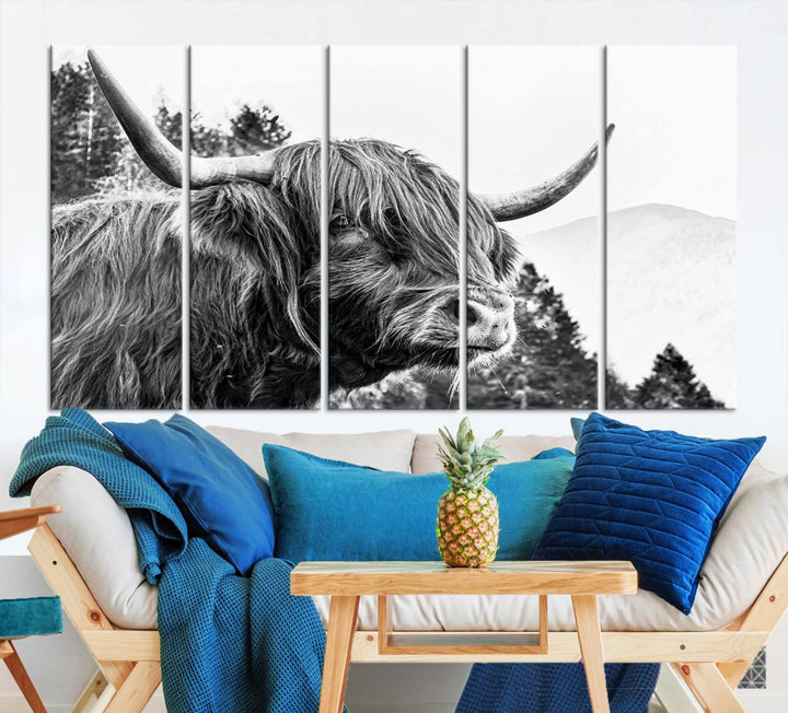 The Scottish Longhorn Wall Art Canvas Print features a highland cow with long horns and shaggy hair displayed on a museum-quality canvas. Equipped with a UV-protective coating for durability, it's ready to hang and enjoy for years to come.