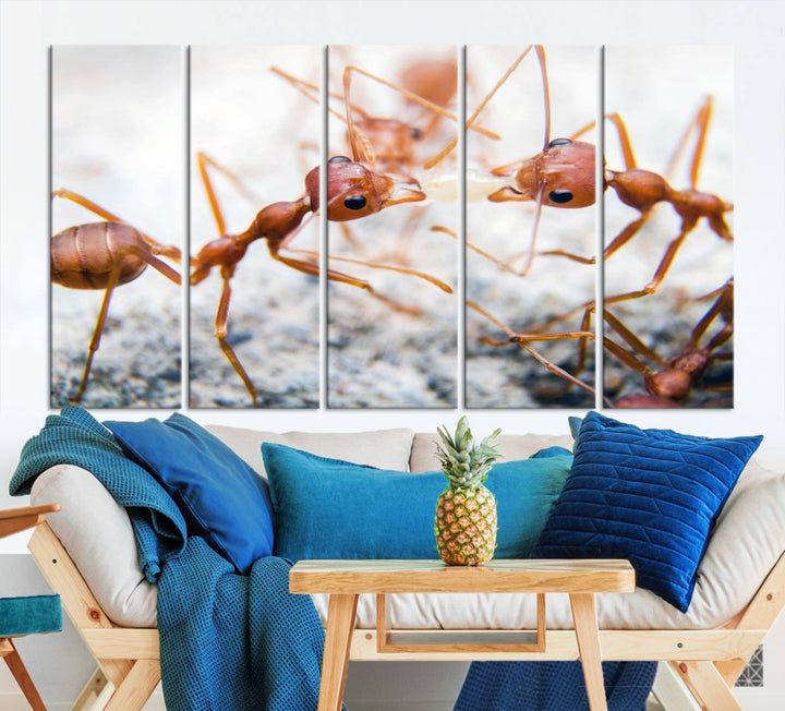 The "Ants Wall Art Canvas Print" features two ants facing each other, beautifully presented across three panels on museum-quality canvas with a UV-protective coating.