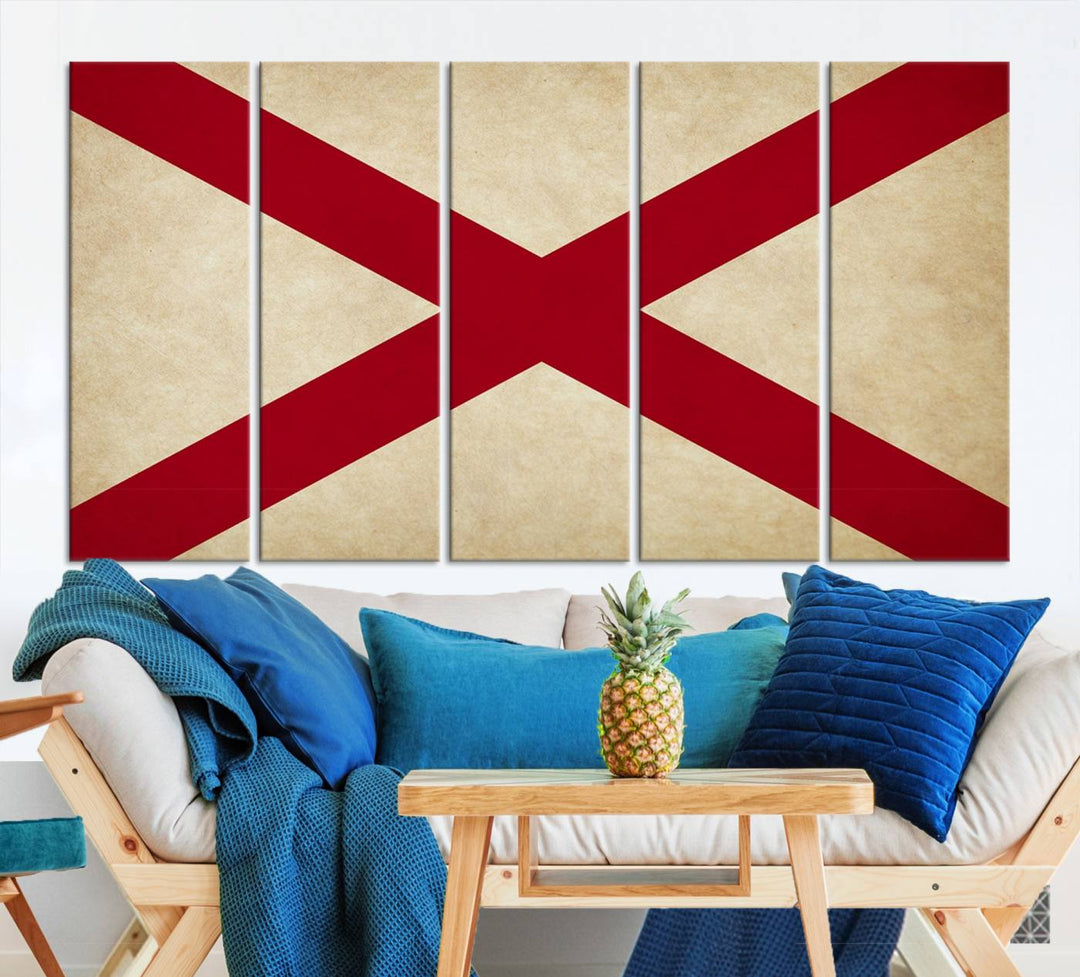 The USA Alabama States Flag Wall Art, featuring a red diagonal cross on a cream background, is elegantly displayed on museum-quality canvas with a UV-protective coating.